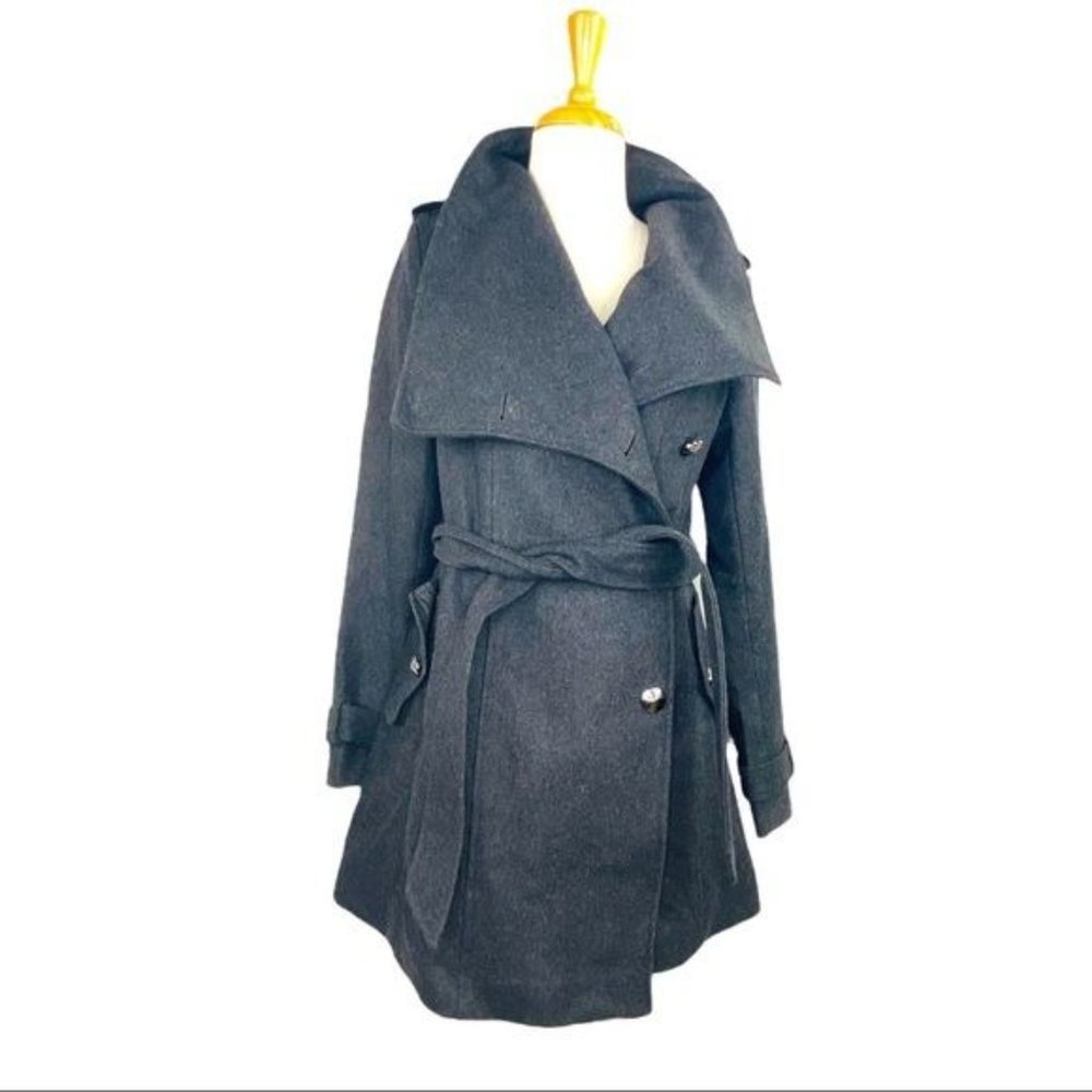SAM EDELMAN Ladies Double Breasted Trench Wool Belted Flared Logo Buttons Gray - Picture 5 of 11